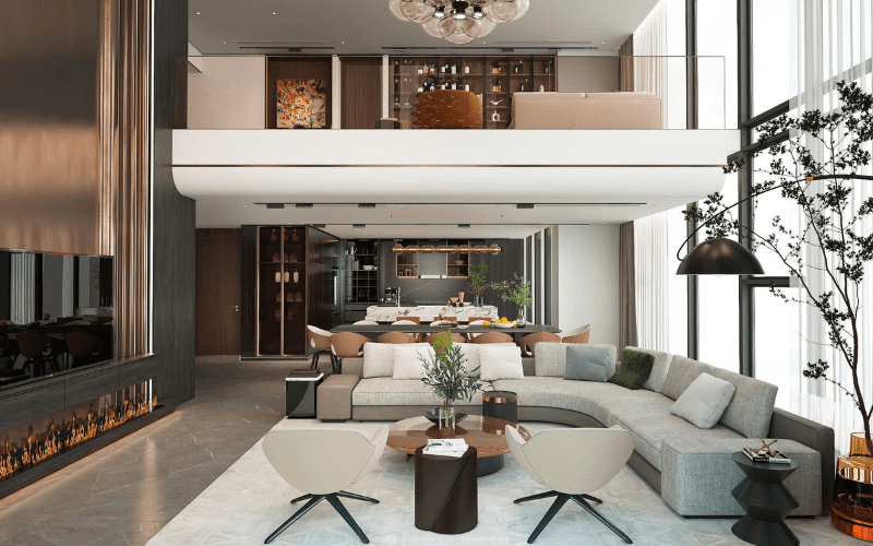 thiết kế nội thất penthouse hạ long phòng khách thông tầng