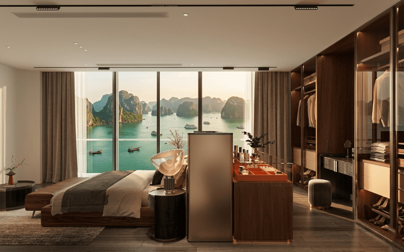 thiết kế nội thất penthouse hạ long phòng ngủ view biển