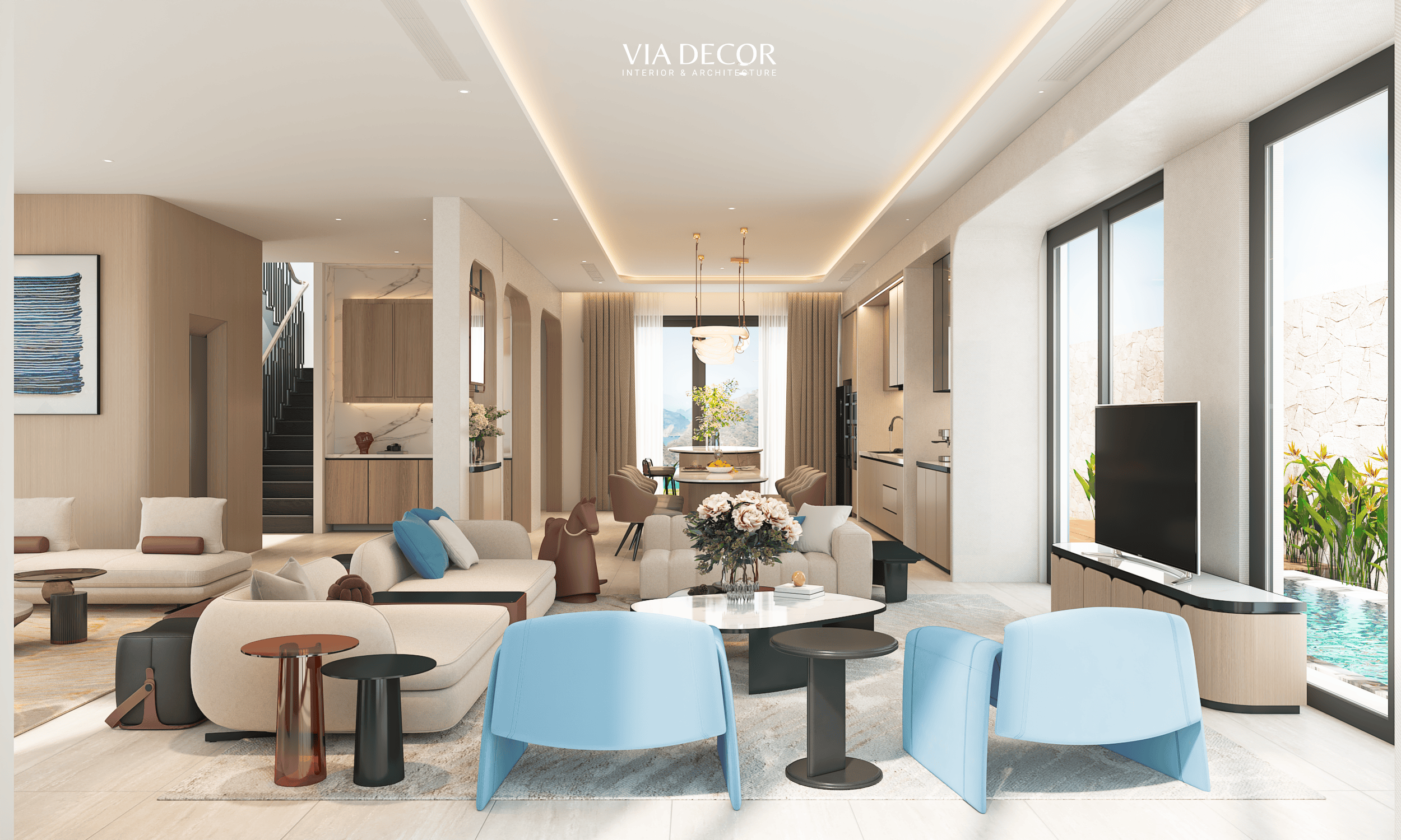 Không gian mở phòng khách thiết kế nội thất Villa Hạ Long Modern Contemporary